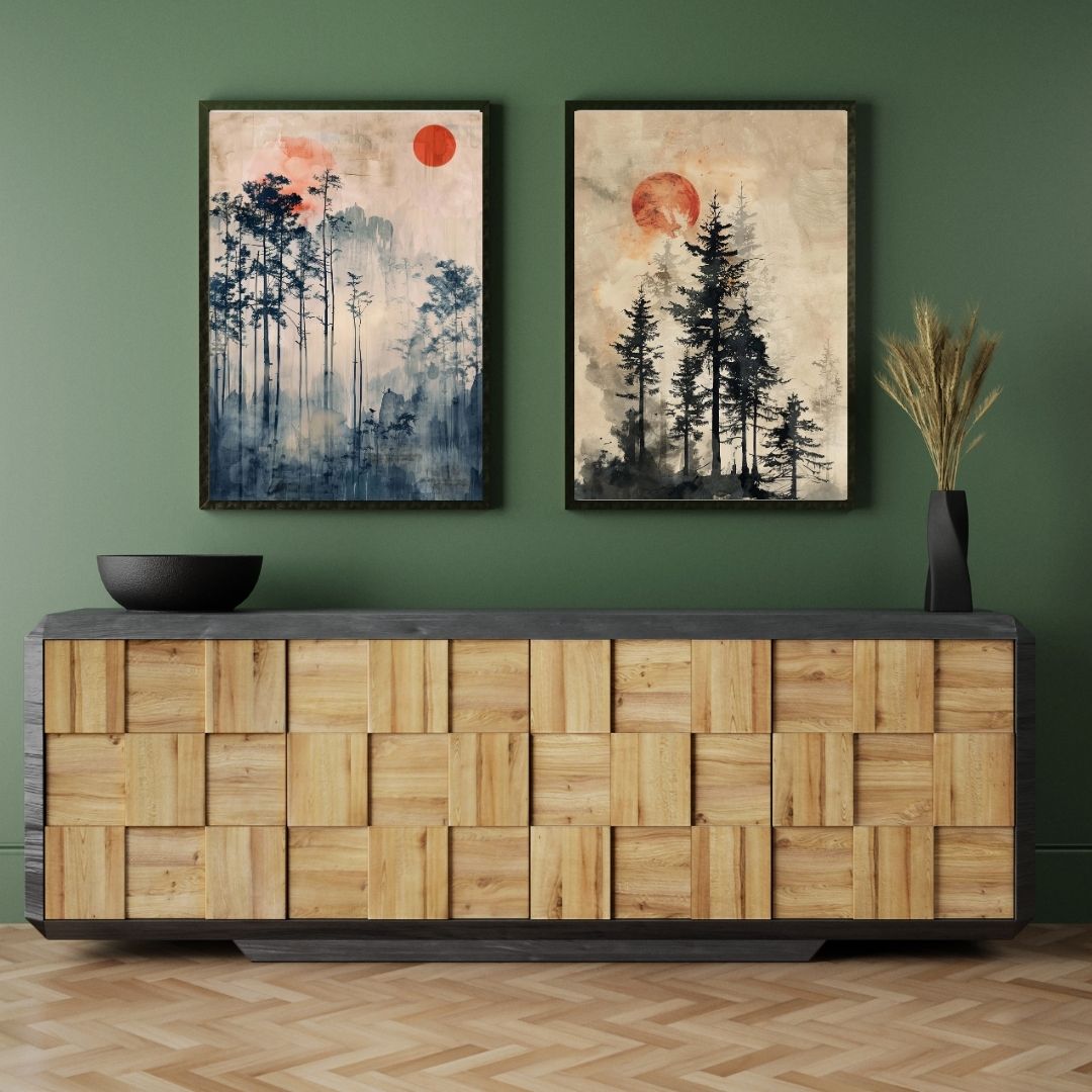 Japandi Abstract Landscape Sunrise Forest Wall Art