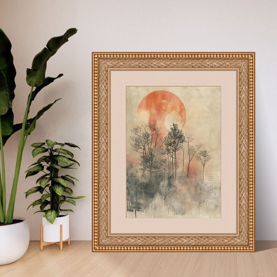 Japandi Abstract Landscape Sunrise Forest Wall Art