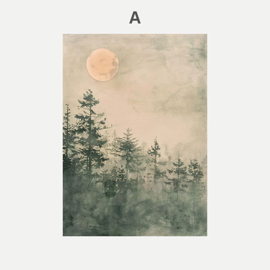 Foggy forest scene with a large moon in the sky