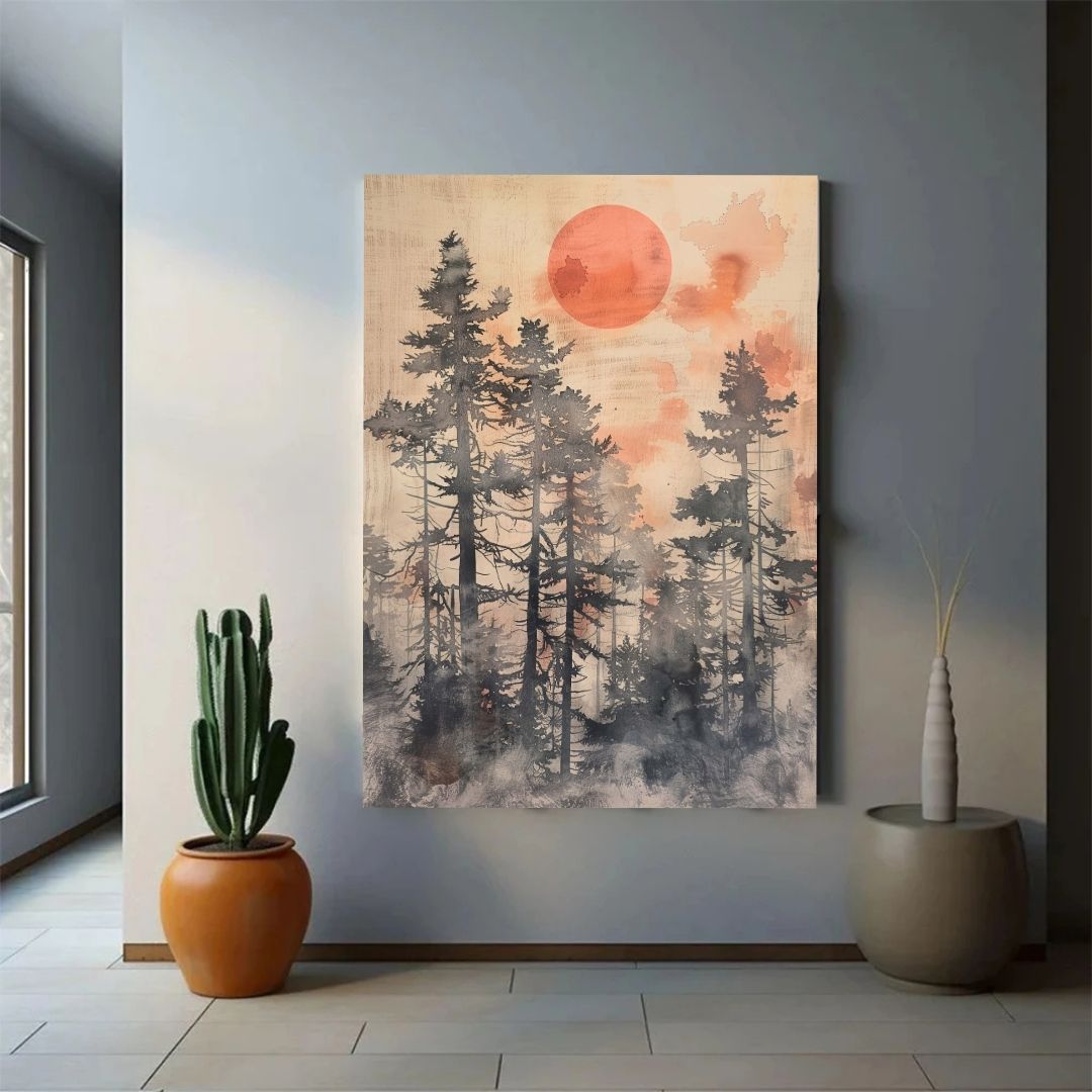 Japandi Abstract Landscape Sunrise Forest Wall Art