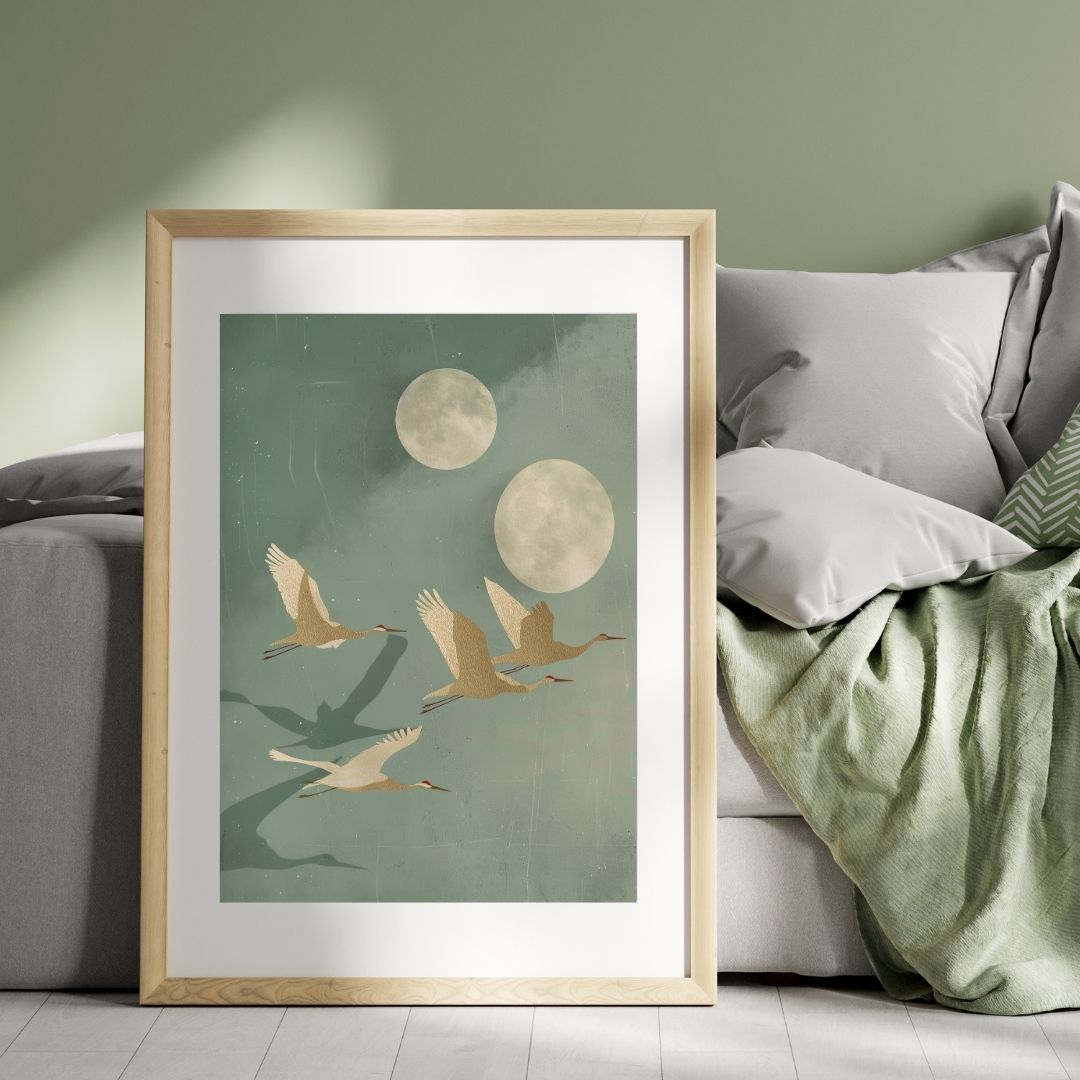 Japandi Crane Bird Moon Sage Pastel Canvas Art Home Decor