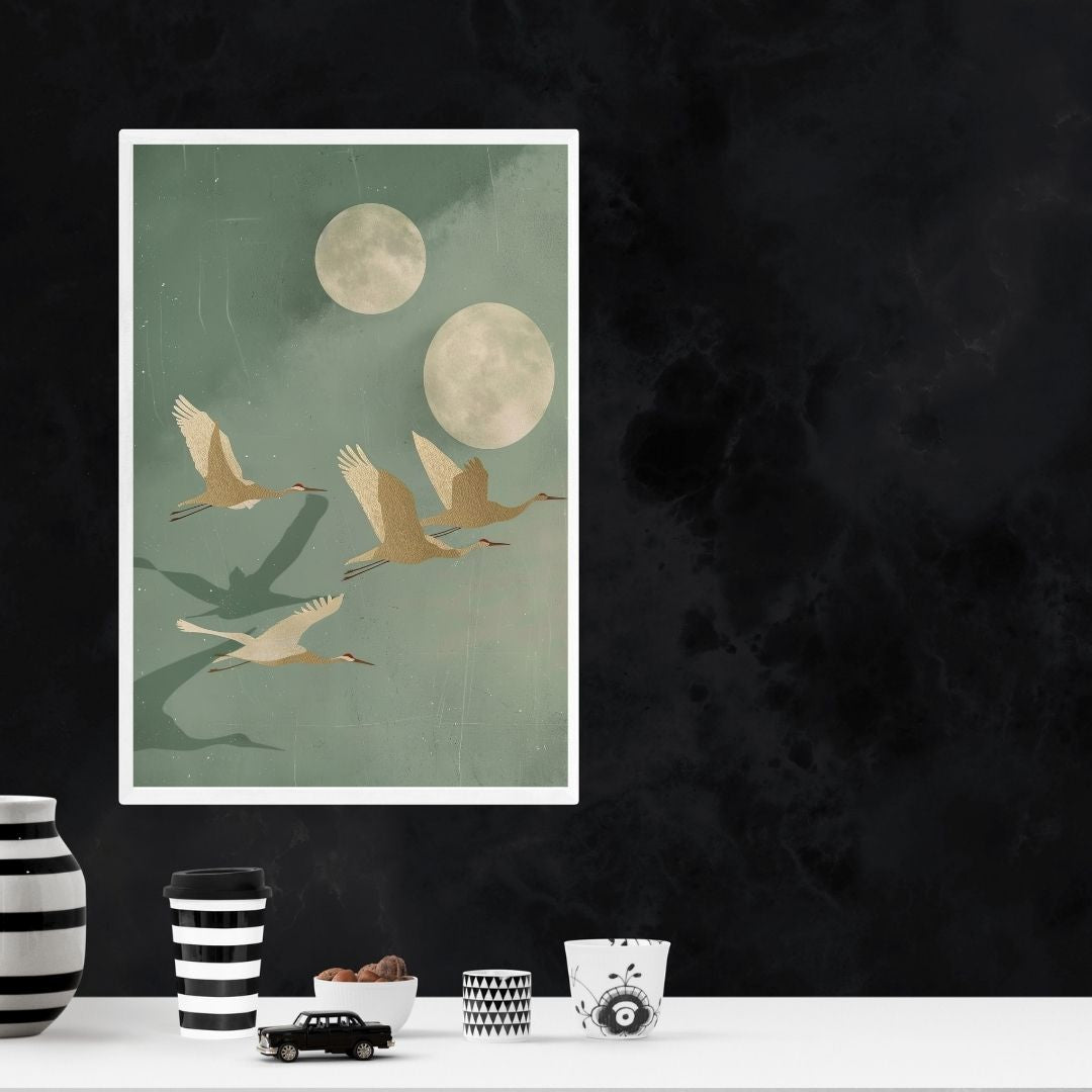 Japandi Crane Bird Moon Sage Pastel Canvas Art Home Decor