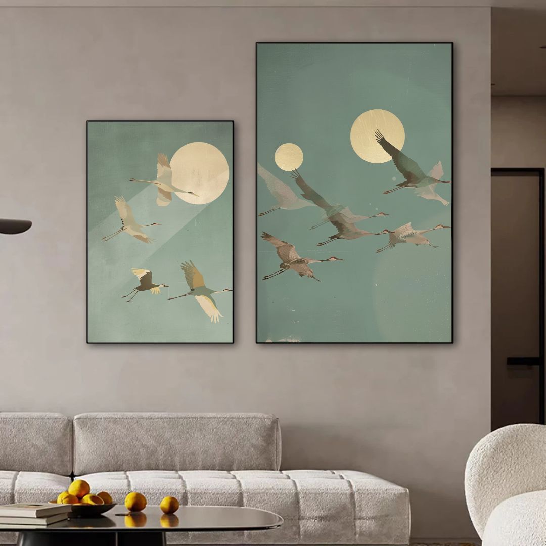 Japandi Crane Bird Moon Sage Pastel Canvas Art Home Decor