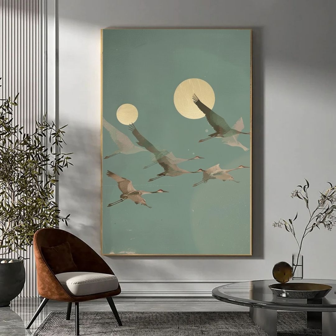 Japandi Crane Bird Moon Sage Pastel Canvas Art Home Decor