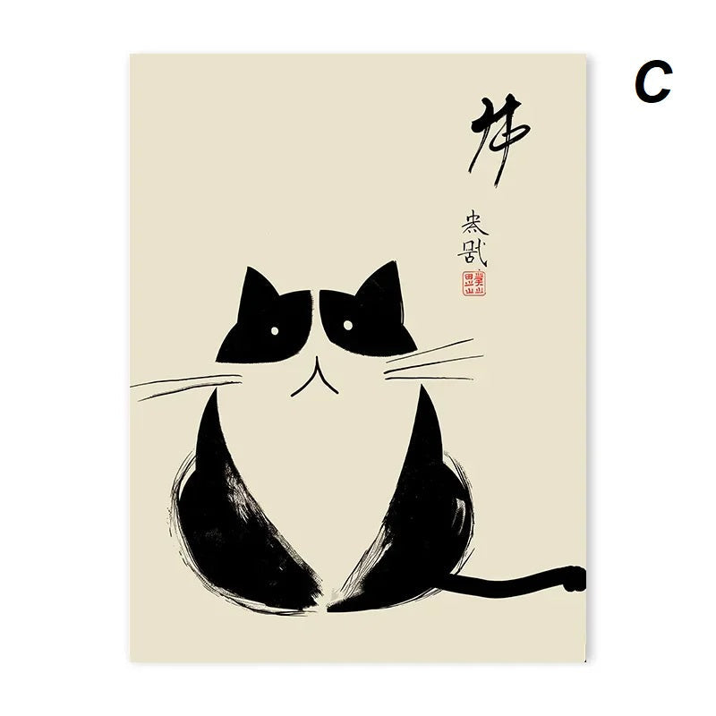 Japanese Vintage Black Ink Calligraphy Cat Wall Art