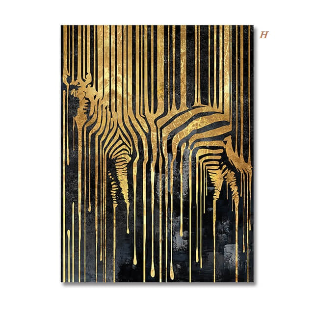 Two canvas prints featuring abstract animal designs, with gold and black colors, displayed on a wall in a dining room setting.