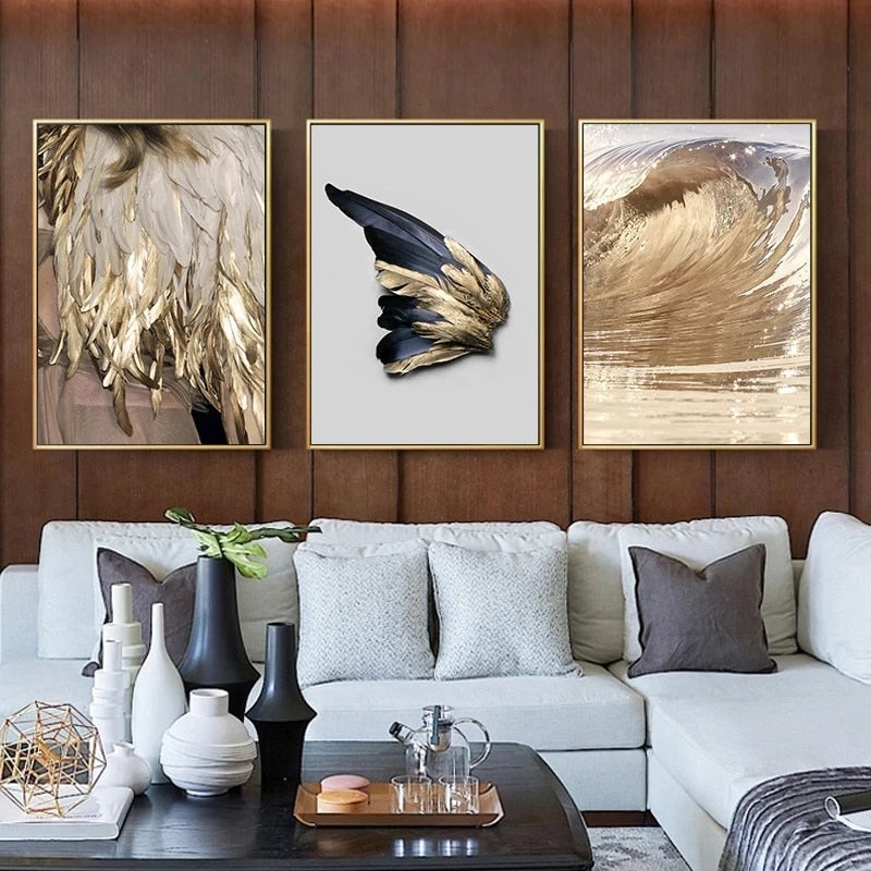 Luxury Golden Wing Feathers Shimmering Wave Canvas Prints