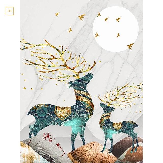 Magical Nordic Moonlight Deer Landscape Canvas Prints