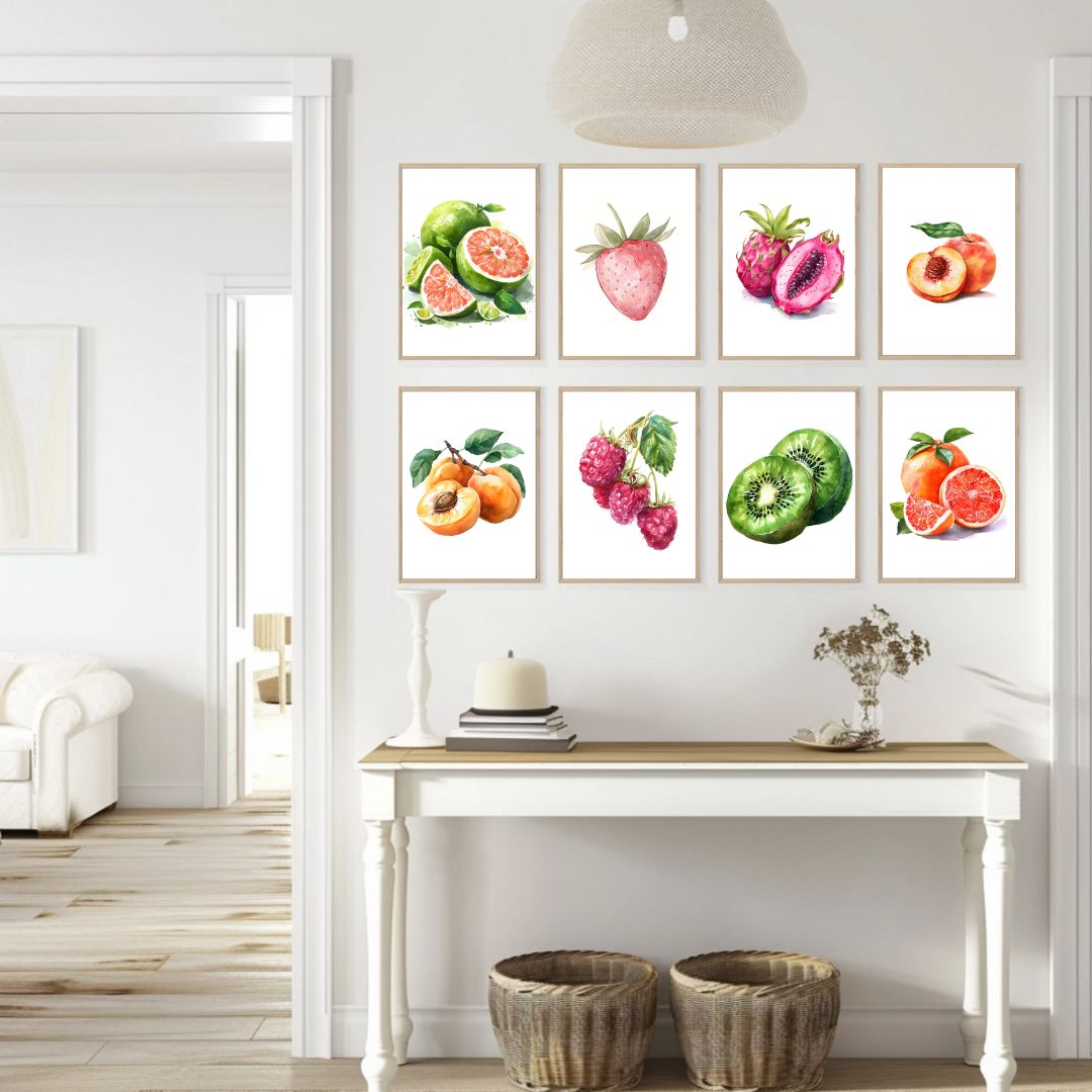 Minimalist Citrus Fruits Orange Kiwi Raspberry Canvas Wall Art