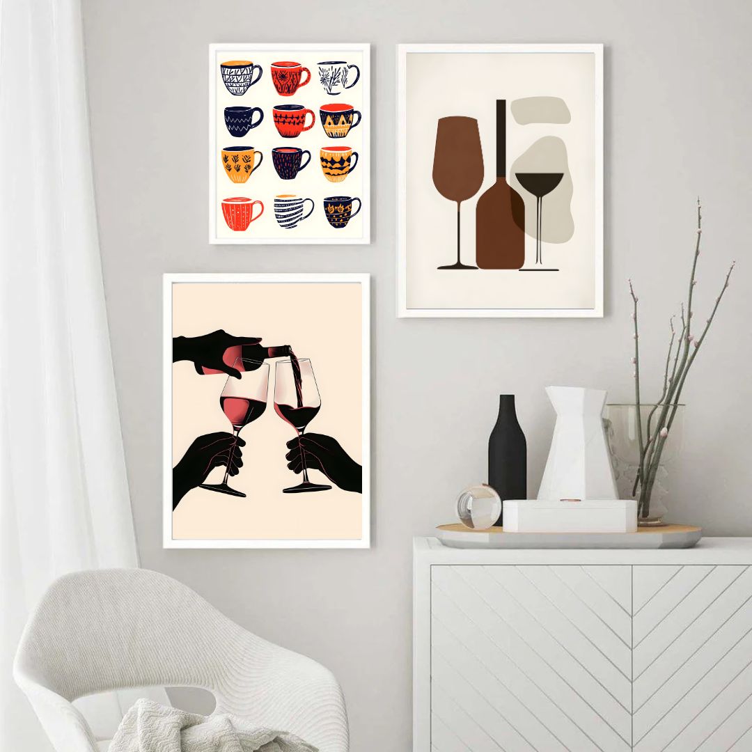 Retro Minimalist Coffee Cups Wine Glass Canvas Print Wall Art