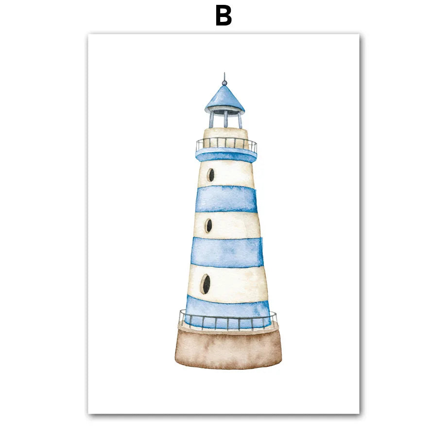 Minimalist Sailboat Lighthouse Fish Nautical Wall Art