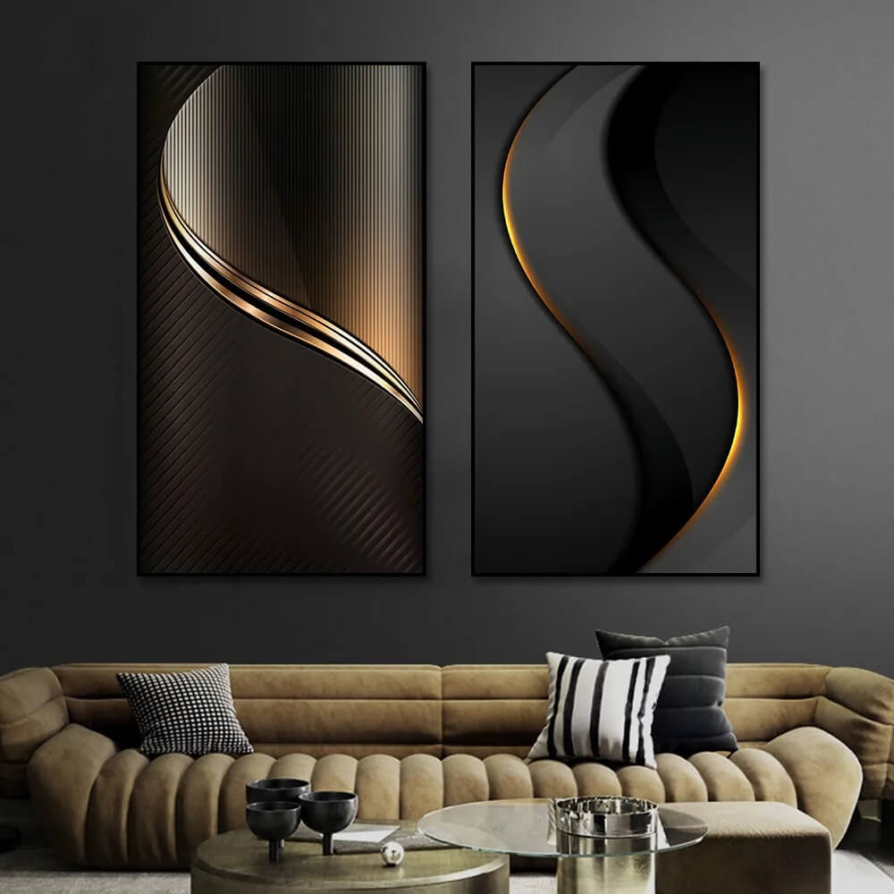Minimalist Abstract Black Wall Art Golden Lines Canvas Print
