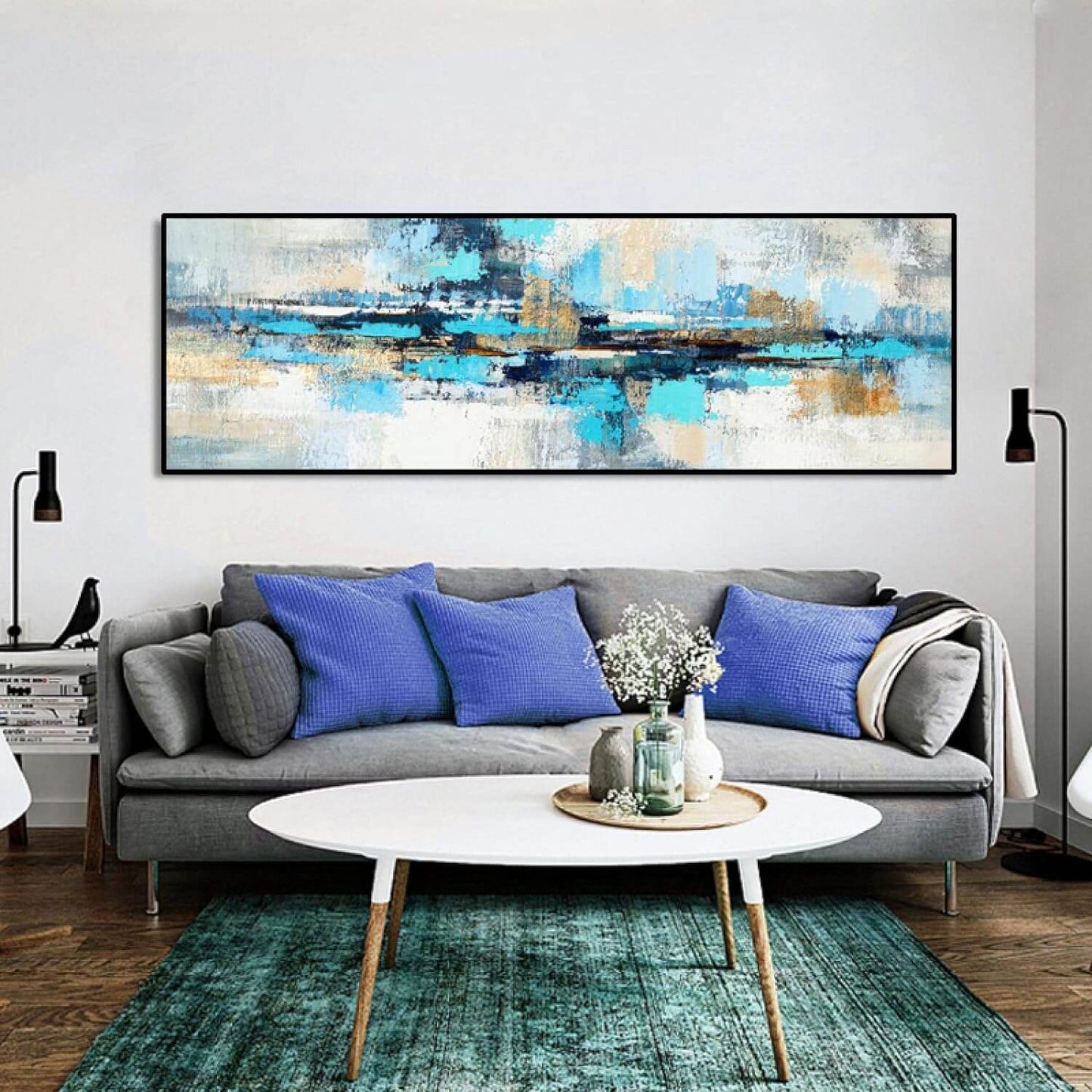 Modern Abstract Blue Golden Grey Big Canvas Print