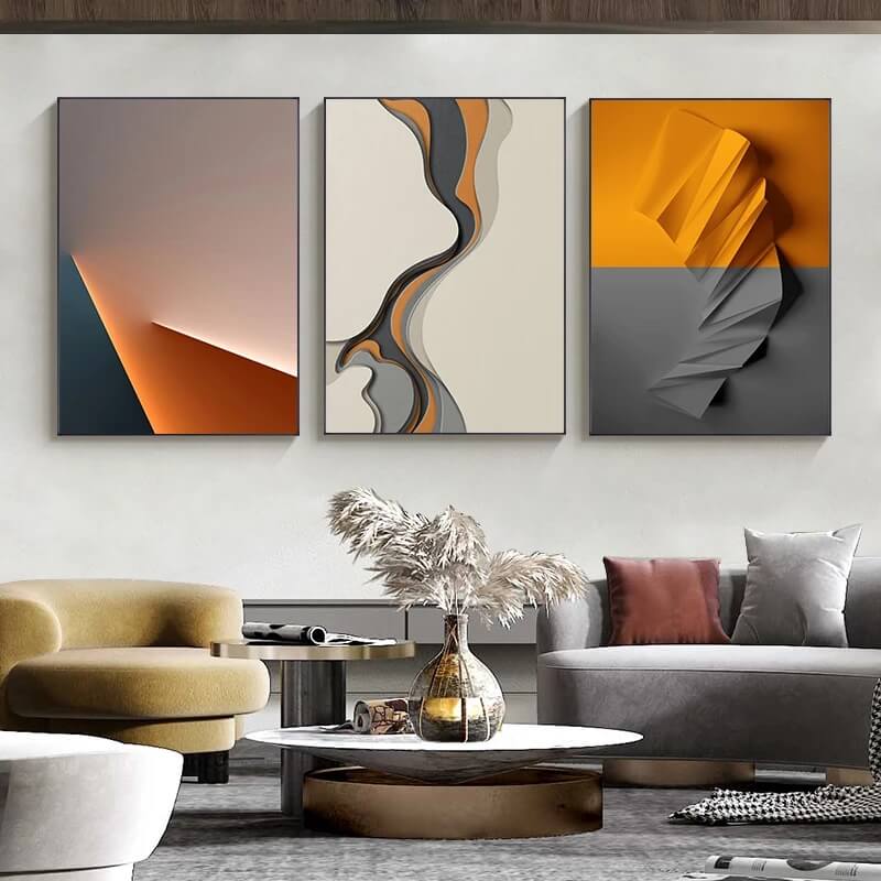 Modern Abstract Orange Grey Geometric Canvas Wall Art