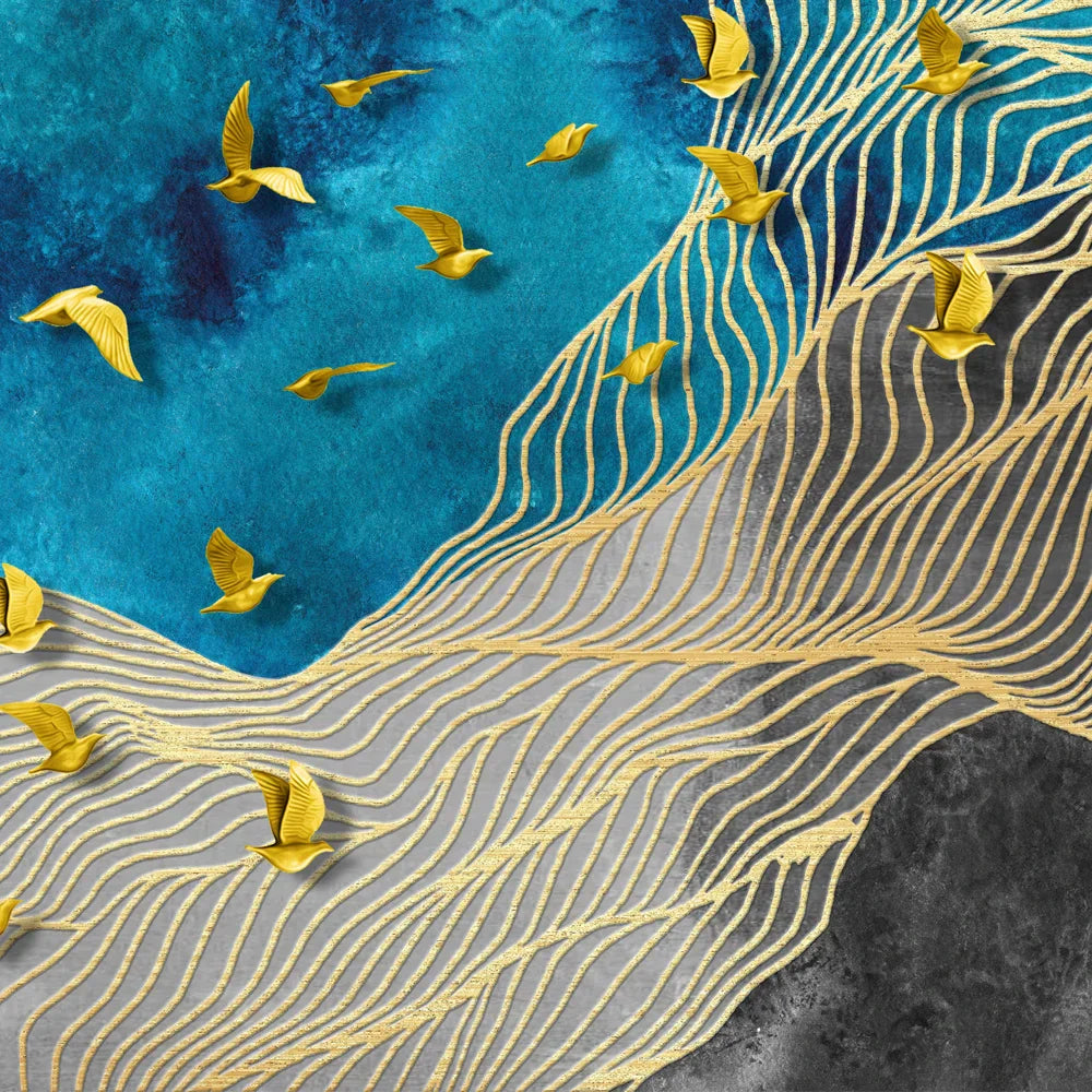 Abstract Golden Birds Blue Large Wall Art Canvas Prints