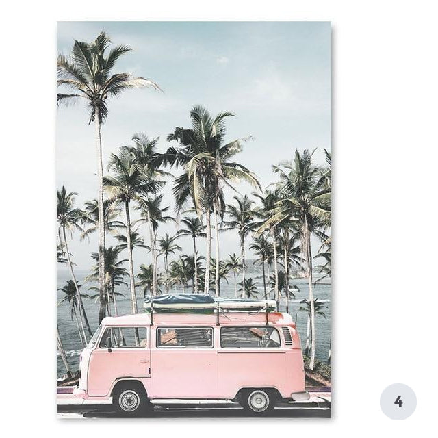Ocean Landscape Pink Campervan Travel Getaway Canvas Prints