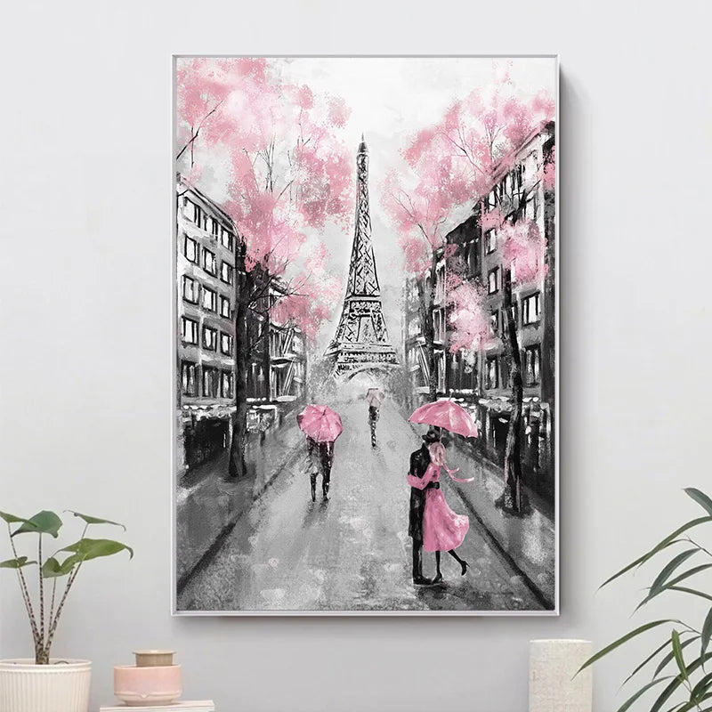 Pink Romantic City Couple Paris Eiffel Tower Canvas Print