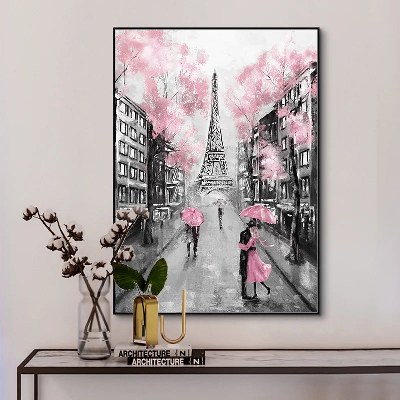 Pink Romantic City Couple Paris Eiffel Tower Canvas Print