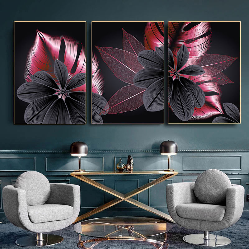Luxury Pink Black Golden Flower and Leaf Canvas Prints