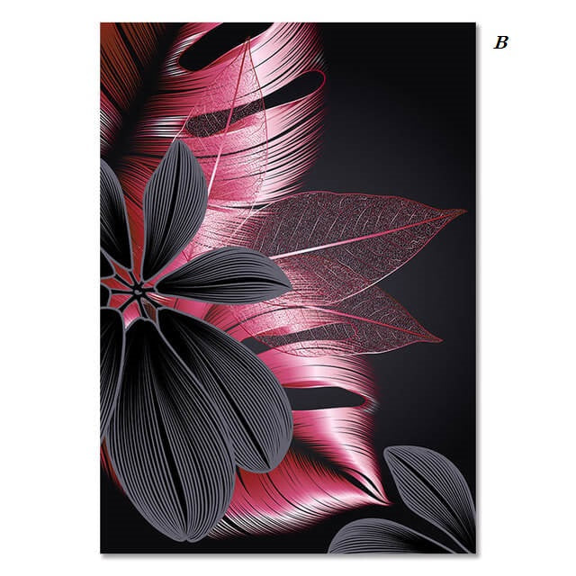 Luxury Pink Black Golden Flower and Leaf Canvas Prints