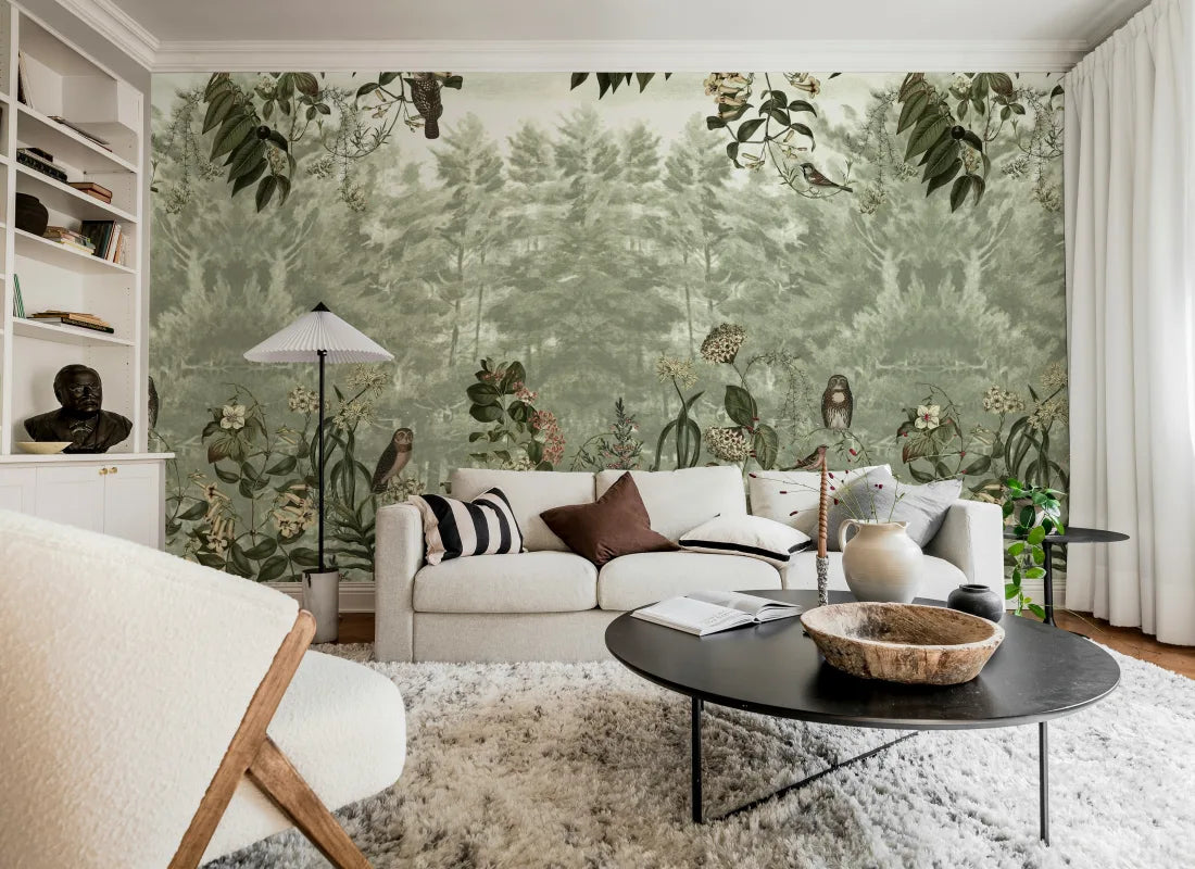 Owl Forest Green Wallpaper Mural (SqM)