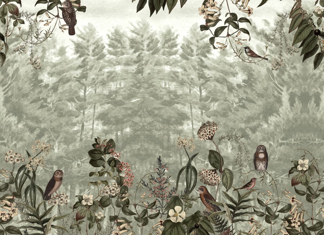 Owl Forest Green Wallpaper Mural (SqM)