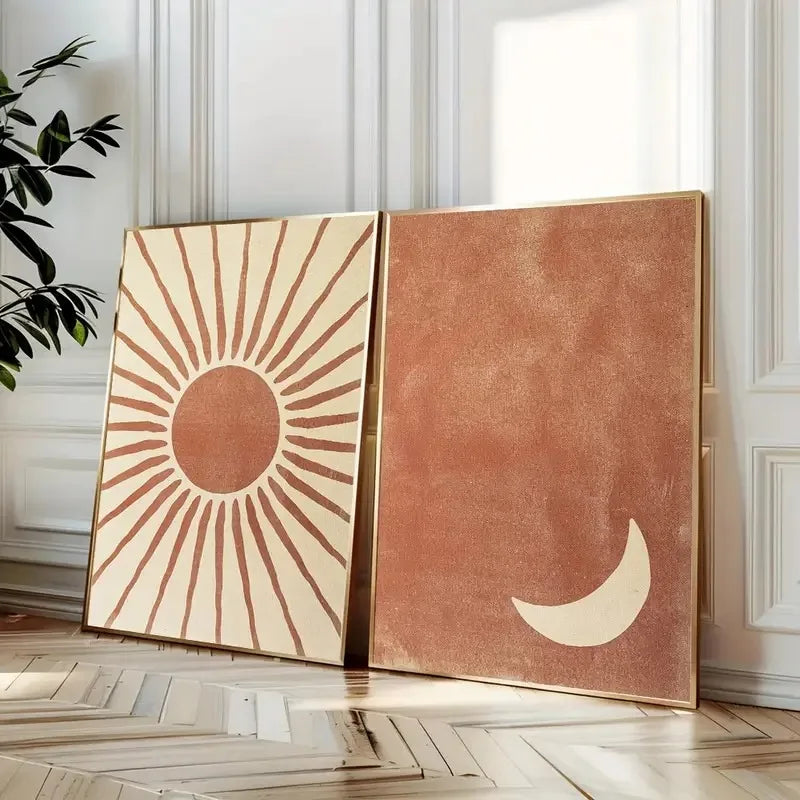 Retro Boho Mid Century Moon and Sun Canvas Print Art