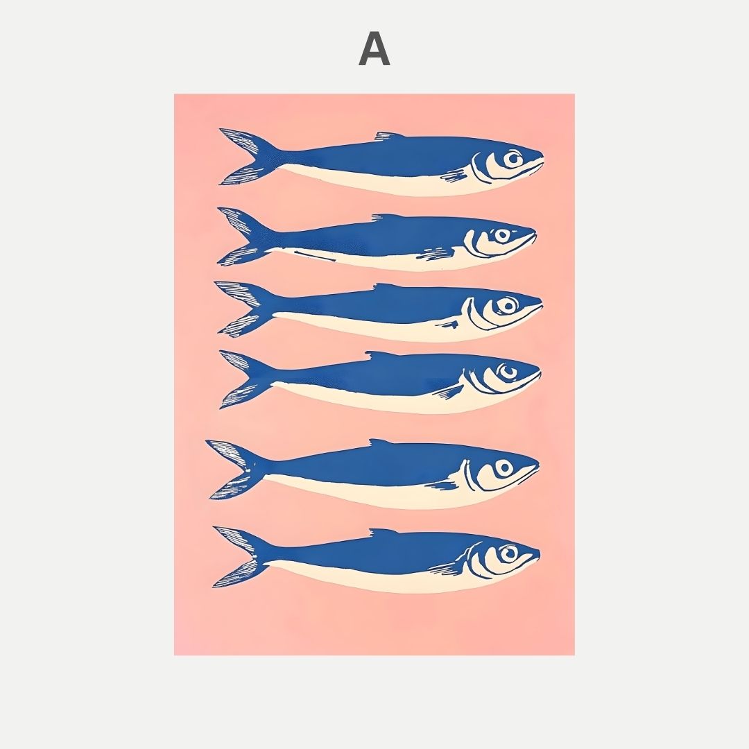 Five blue fish illustrations on a pink background