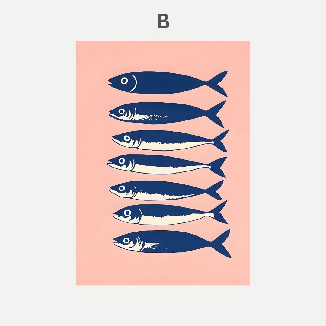 Illustration of six blue fish on a pink background