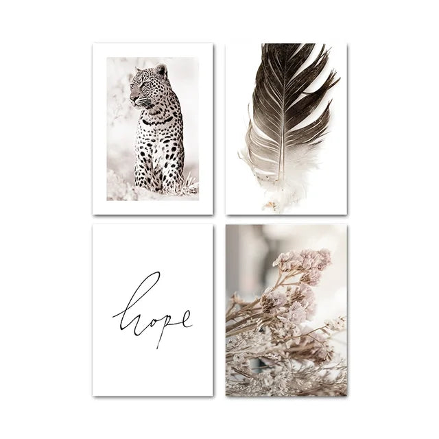 Scandinavian Poster Leopard Feather Flower Nordic Wall Art