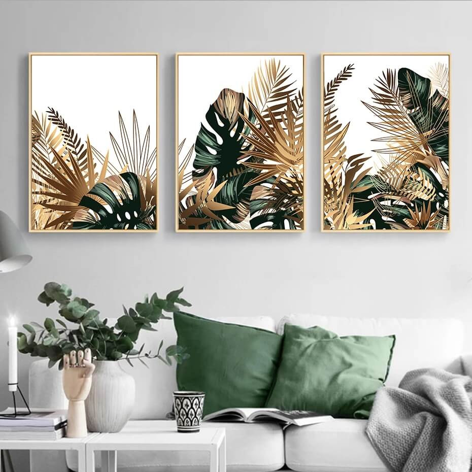 Tropical Golden Emerald Leaves Canvas Prints