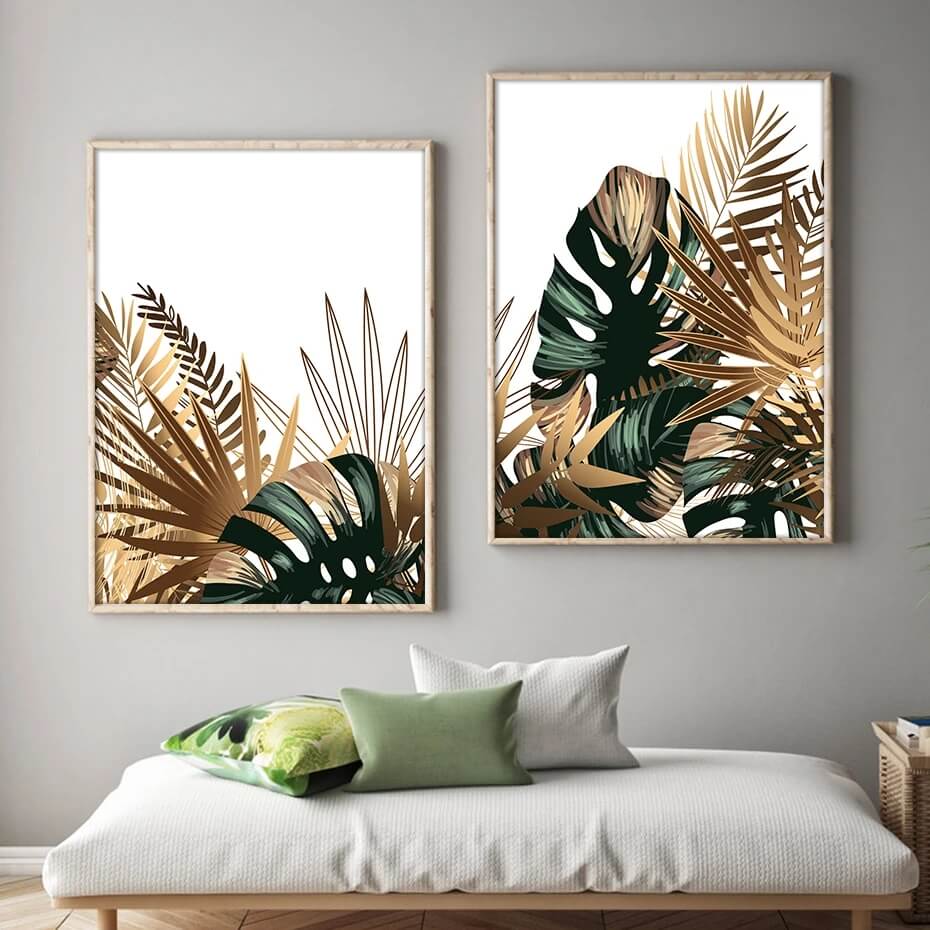 Tropical Golden Emerald Leaves Canvas Prints