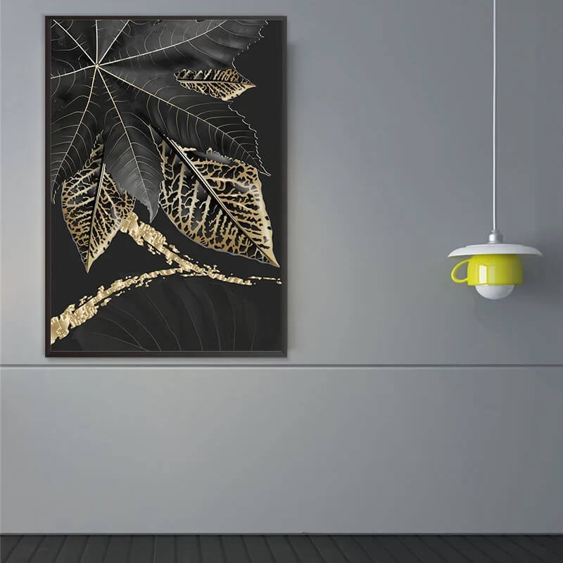 Tropical Golden Leaves Black Canvas Print