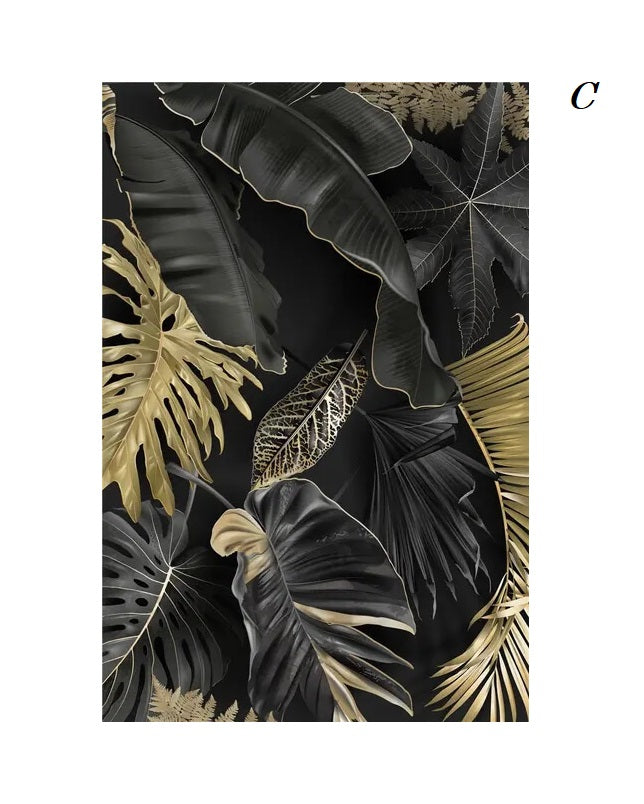 Tropical Golden Leaves Black Canvas Print