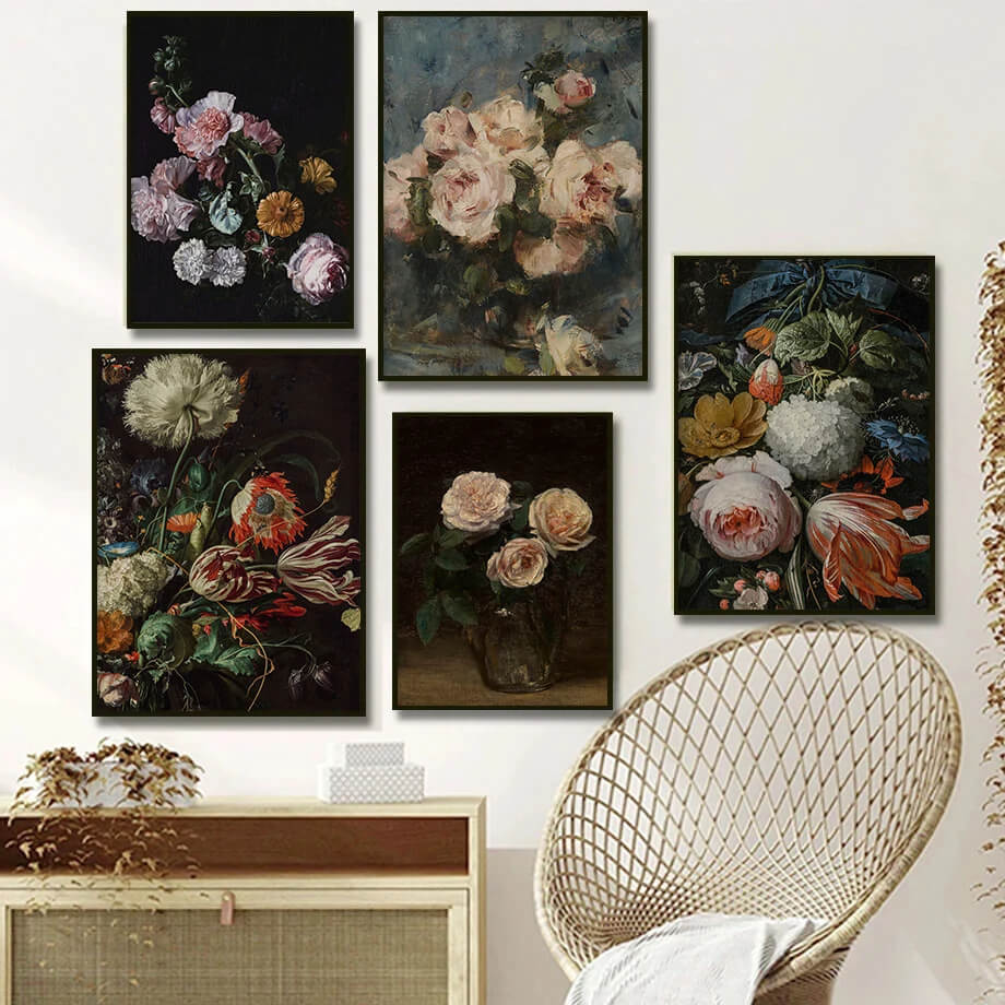 Vintage Antique Dark Academia Flowers Roses Wall Art