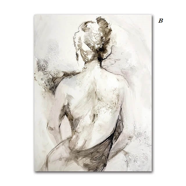 Two canvas wall art prints depicting abstracted, monochrome illustrations of a woman's back in a vintage style on a wall above a console table and decorative items.