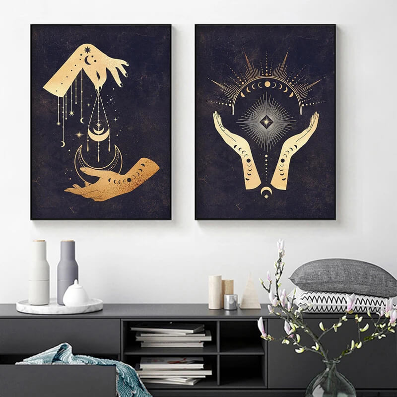 Witchy Sun Moon Black Golden Canvas Print