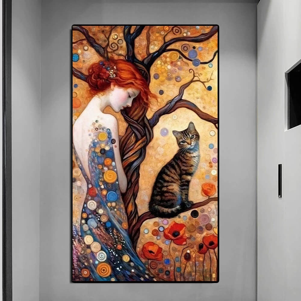 Woman And Cat Colorful Abstract Floral Canvas Print