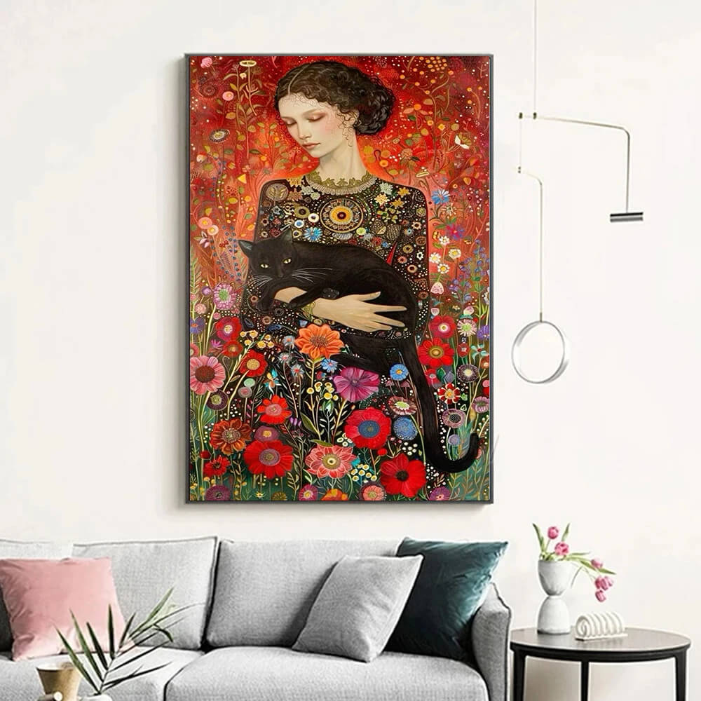 Woman And Cat Colorful Abstract Floral Canvas Print