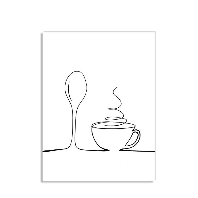 A set of three minimalist canvas prints depicting line art of a fork and knife, a wine glass, and a coffee cup, arranged on a wall.