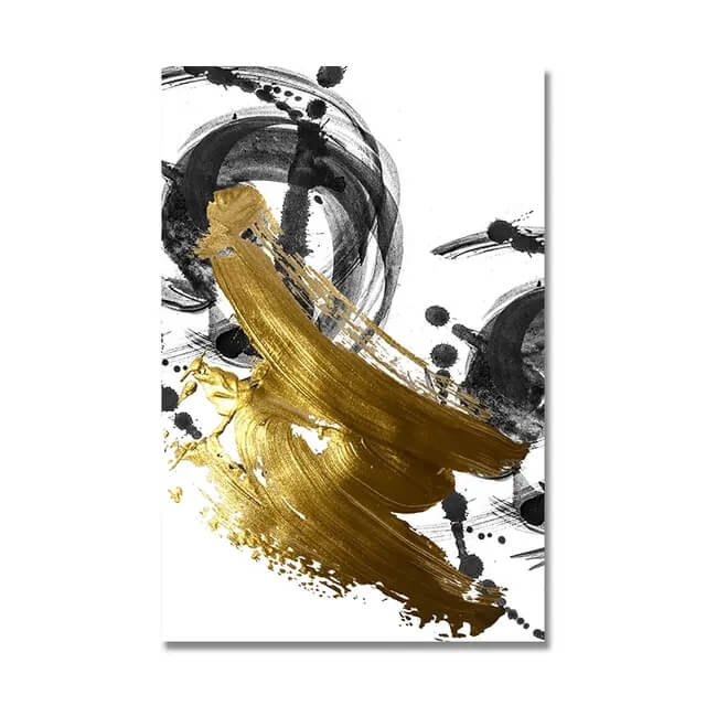 A modern abstract gold and black canvas wall art featuring flowing geometric shapes, displayed in a room with minimalist decor.
