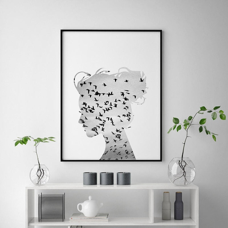 Black And White Birds Flying Silhouette Of Girl Canvas Print