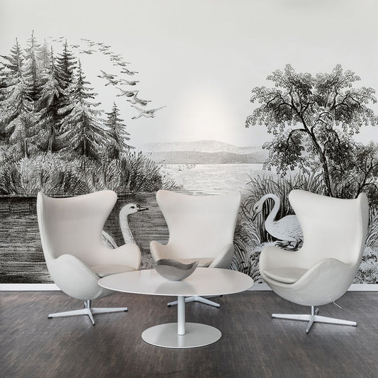 Swan Lake B&W Gravure Mural Wallpaper (SqM)