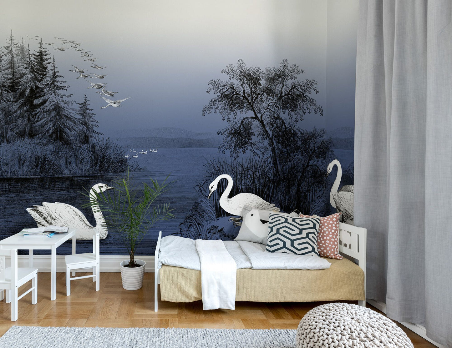 Swan Lake Midnight Blue Mural Wallpaper (SqM)