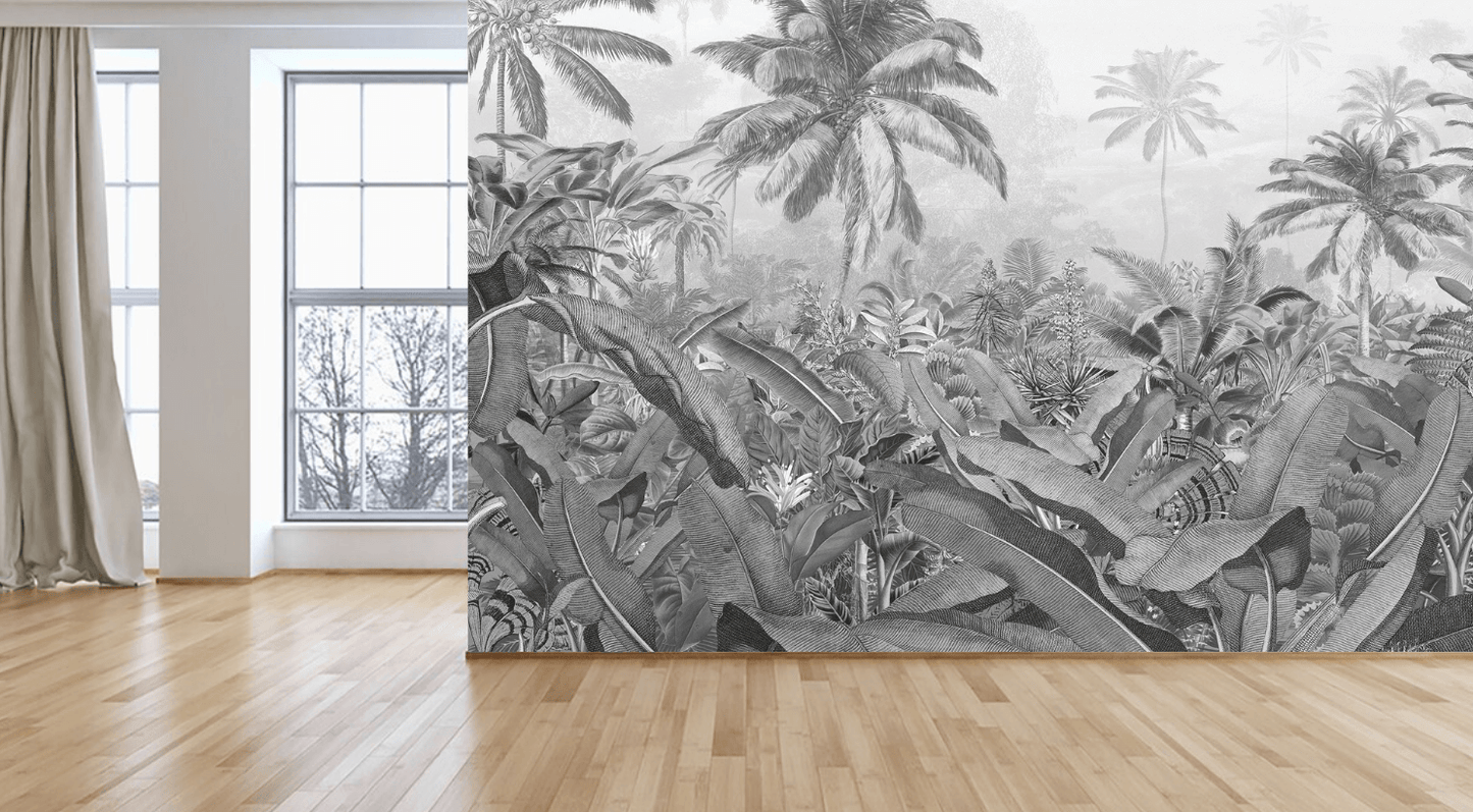 Caribbean Rainforest Black and White Mural Wallpaper (SqM)