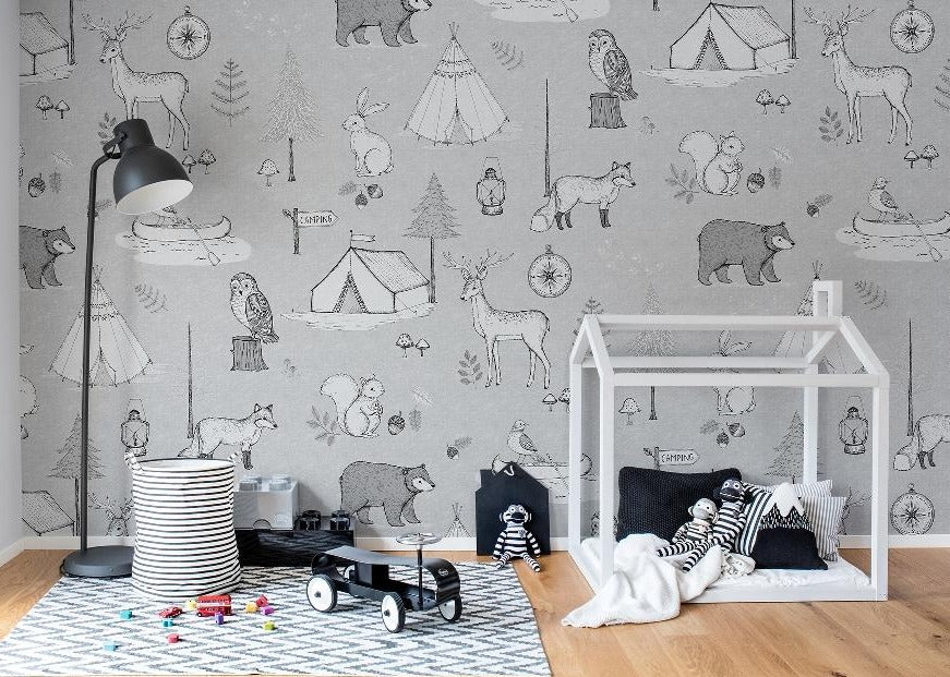 Camping Trip Grey Mural Wallpaper (SqM)