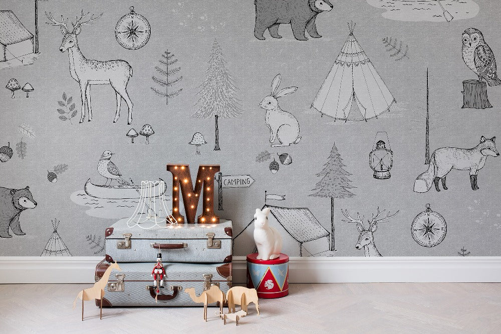 Camping Trip Grey Mural Wallpaper (SqM)