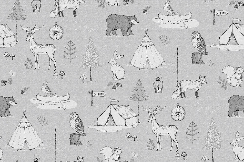 Camping Trip Grey Mural Wallpaper (SqM)