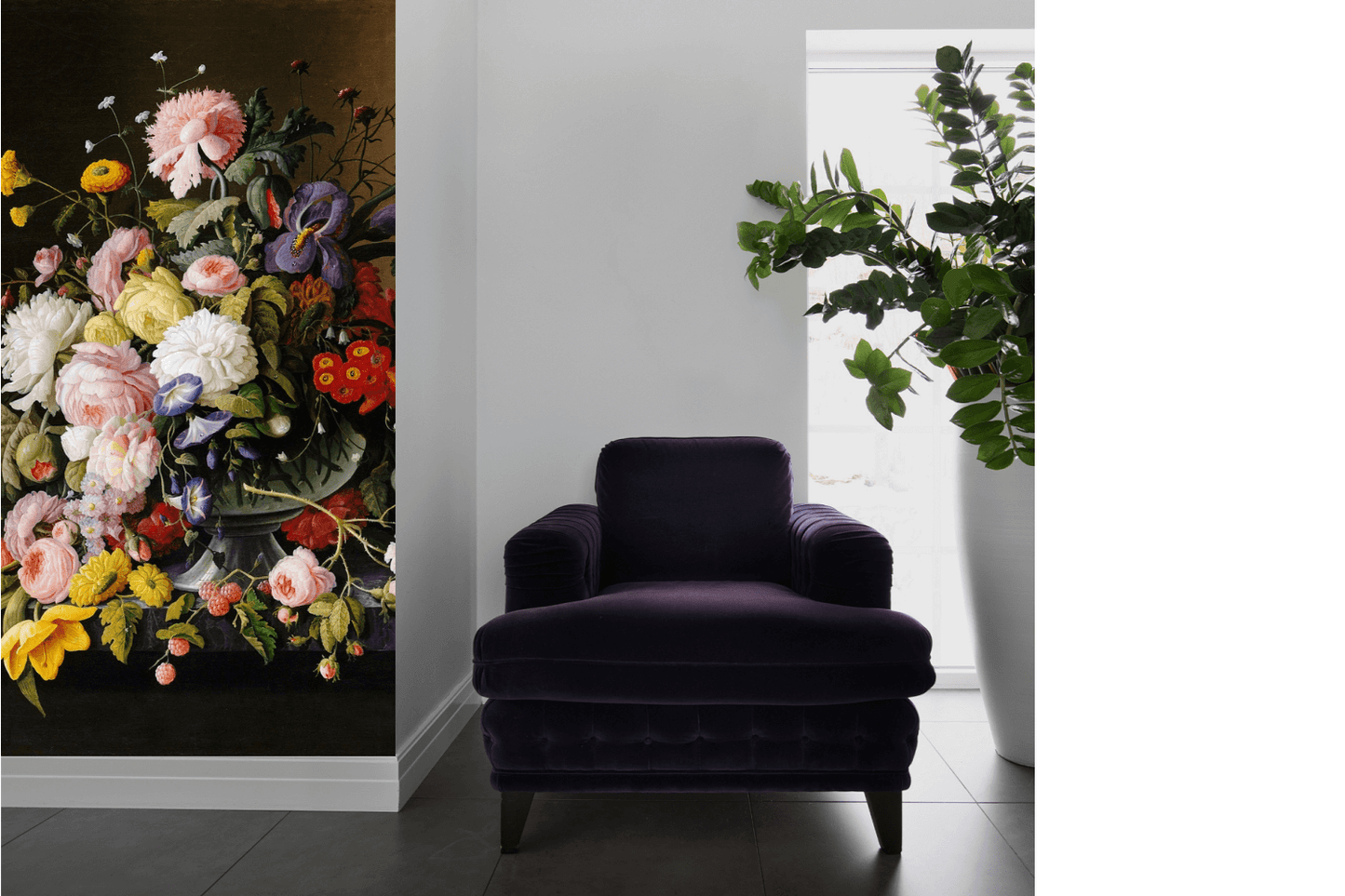 Flowers and Fruits Bouquet Dark Mural Wallpaper (SqM)