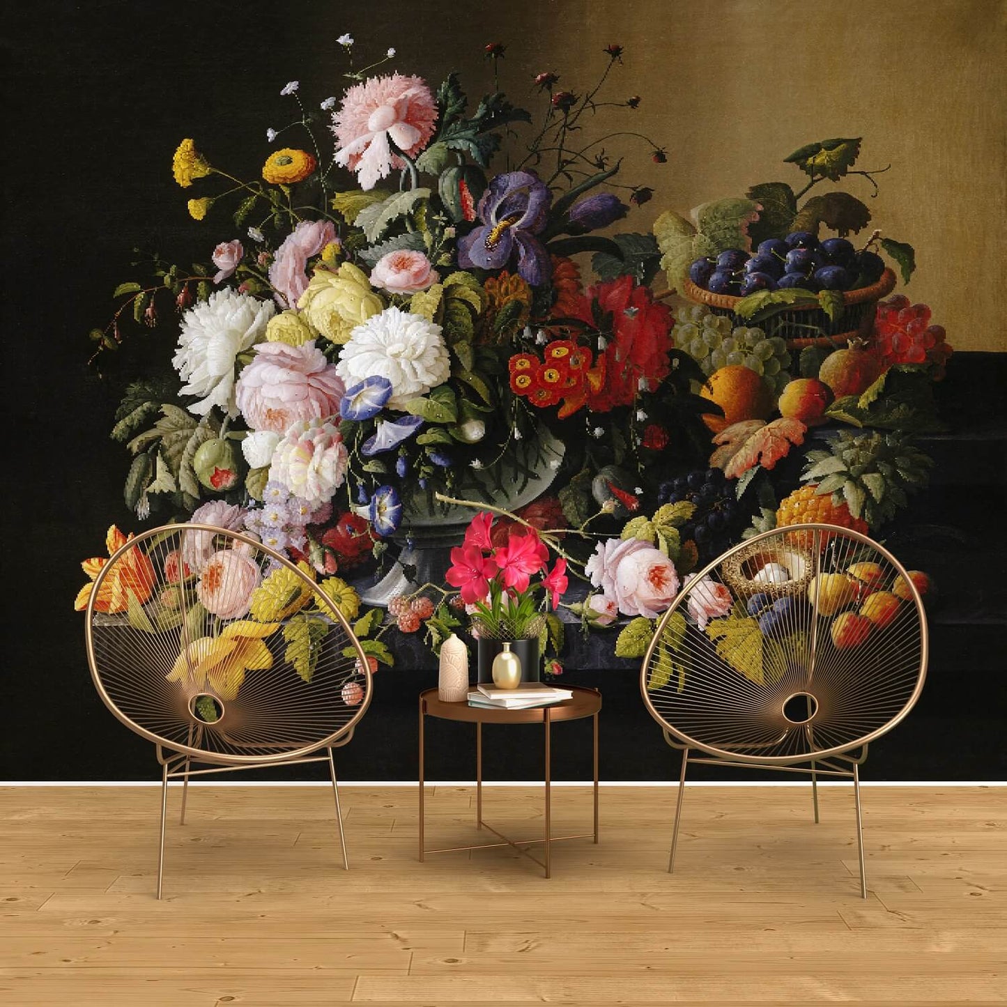 Flowers and Fruits Bouquet Dark Mural Wallpaper (SqM)